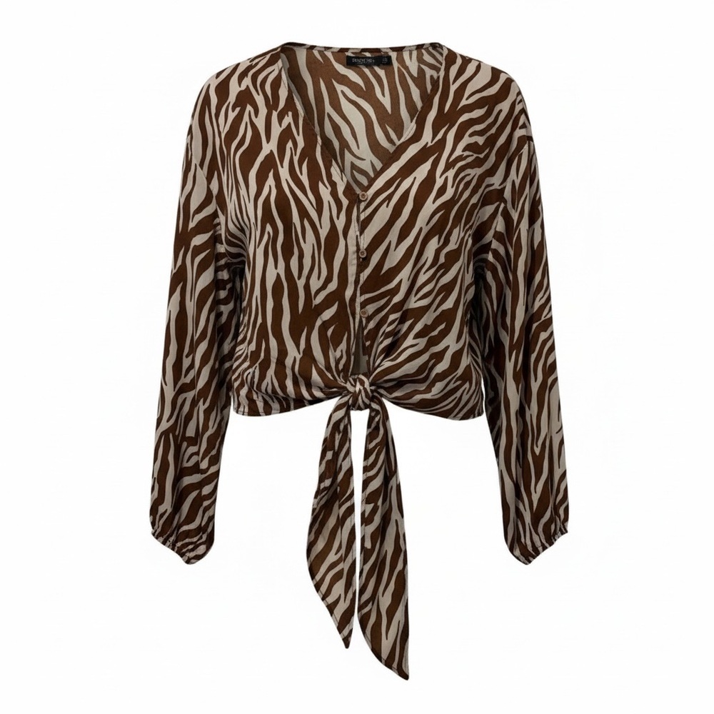 Nasty Gal brown/cream zebra print front tie top, size 6